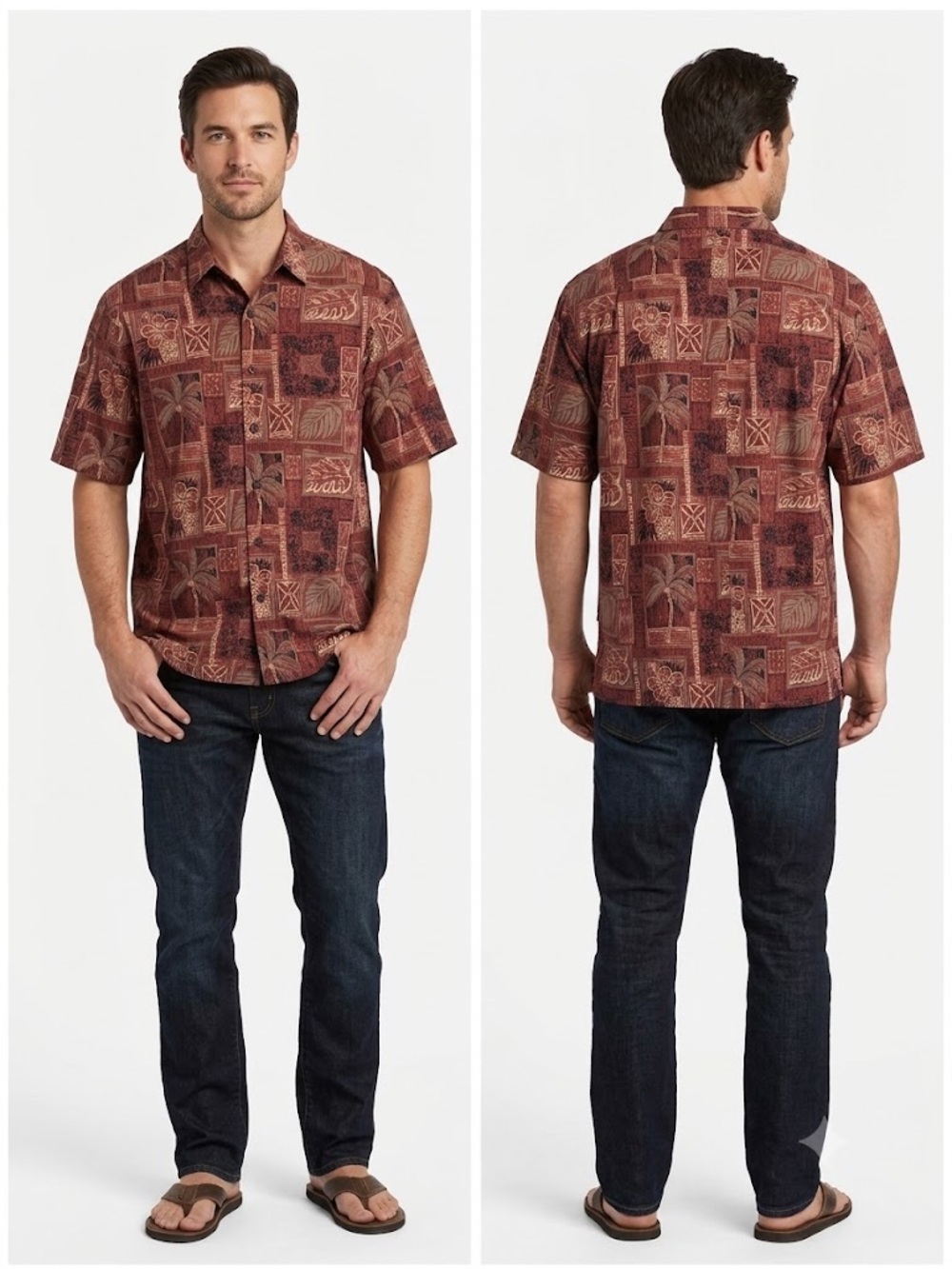 Casual Short-Sleeve Button-Down Shirt in Rust Geo Print